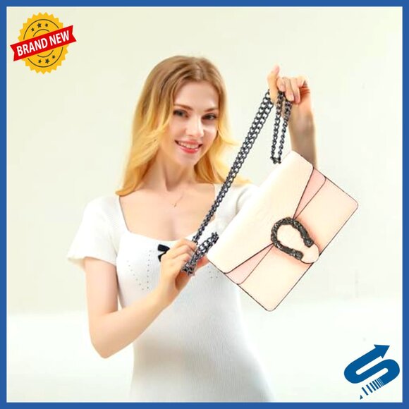 Faux Leather Crossbody Bag with Chain Strap, Square Satchel Purse for Women - Picture 2 of 7